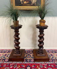 Load image into Gallery viewer, Antique PAIR French Louis XIII Barley Twist Pedestals Plant Stands Oak 33" T