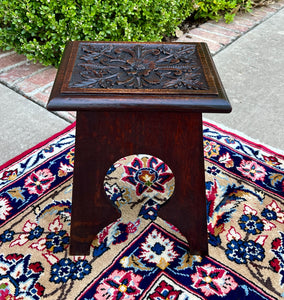 Antique English Footstool Bench Stool Carved Top Oak Rosette c. 1920s-30s