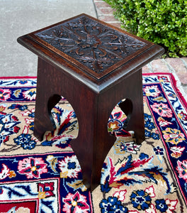 Antique English Footstool Bench Stool Carved Top Oak Rosette c. 1920s-30s