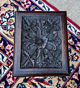 Antique English Footstool Bench Stool Carved Top Oak Rosette c. 1920s-30s