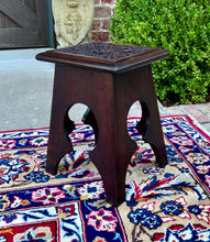 Load image into Gallery viewer, Antique English Footstool Bench Stool Carved Top Oak Rosette c. 1920s-30s