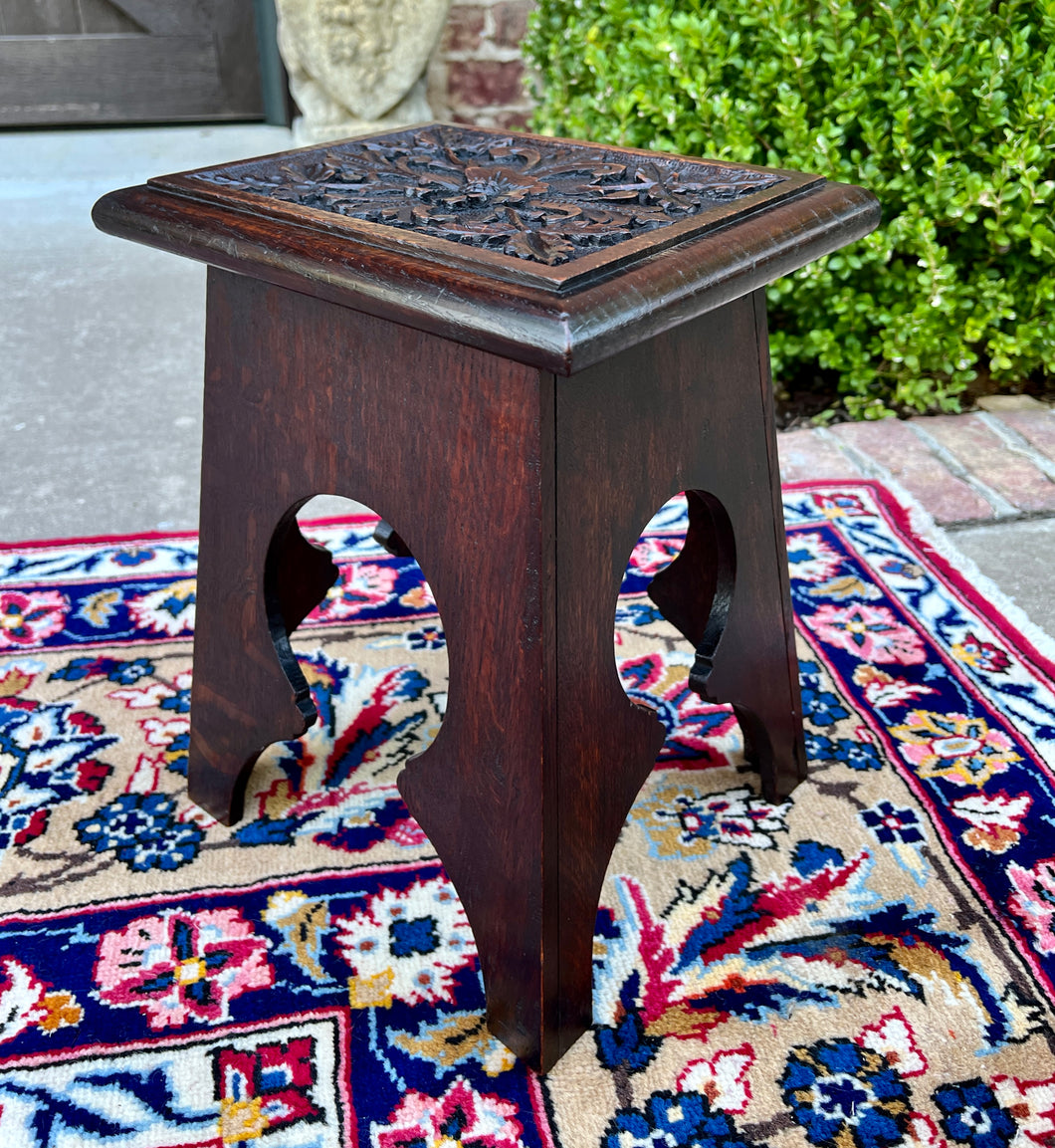 Antique English Footstool Bench Stool Carved Top Oak Rosette c. 1920s-30s