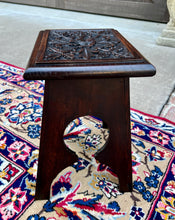 Load image into Gallery viewer, Antique English Footstool Bench Stool Carved Top Oak Rosette c. 1920s-30s