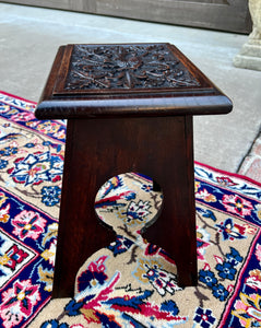 Antique English Footstool Bench Stool Carved Top Oak Rosette c. 1920s-30s