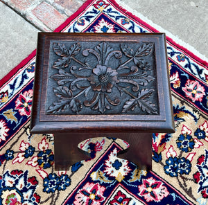 Antique English Footstool Bench Stool Carved Top Oak Rosette c. 1920s-30s