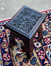 Load image into Gallery viewer, Antique English Footstool Bench Stool Carved Top Oak Rosette c. 1920s-30s