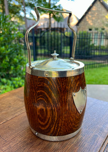 Antique English Oak Biscuit Barrel Tobacco Jar Shield Porcelain 1930s #1
