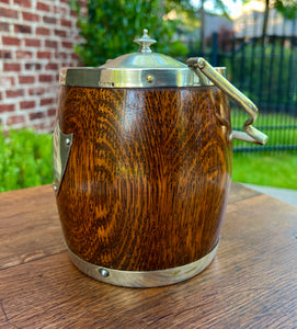 Antique English Oak Biscuit Barrel Tobacco Jar Shield Porcelain 1930s #1