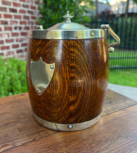 Antique English Oak Biscuit Barrel Tobacco Jar Shield Porcelain 1930s #1
