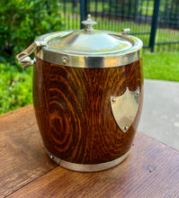 Load image into Gallery viewer, Antique English Oak Biscuit Barrel Tobacco Jar Shield Porcelain 1930s #1