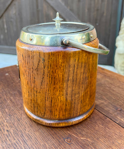 Antique English Oak Biscuit Barrel Tobacco Jar Shield Porcelain 1930s #3