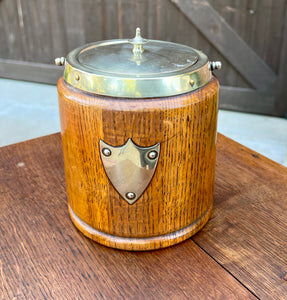 Antique English Oak Biscuit Barrel Tobacco Jar Shield Porcelain 1930s #3