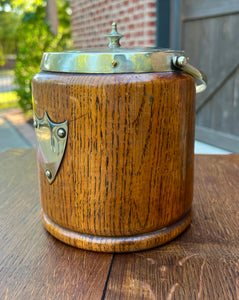 Antique English Oak Biscuit Barrel Tobacco Jar Shield Porcelain 1930s #3