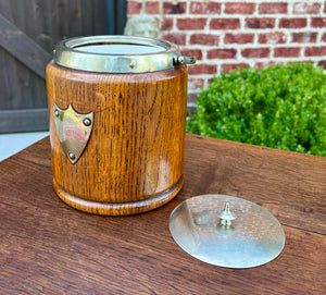 Antique English Oak Biscuit Barrel Tobacco Jar Shield Porcelain 1930s #3