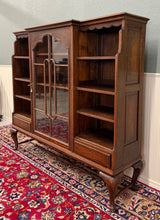 Load image into Gallery viewer, Antique English Bookcase Bookshelf Cabinet Glass Oak Queen Anne Legs 1920s-30s