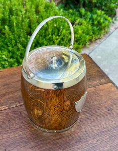 Antique English Oak Biscuit Barrel Tobacco Jar Shield Porcelain 1930s #2