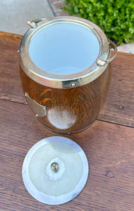 Antique English Oak Biscuit Barrel Tobacco Jar Shield Porcelain 1930s #2