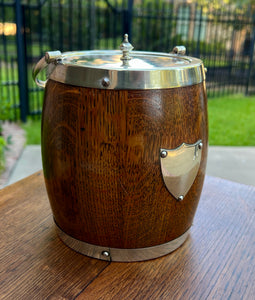 Antique English Oak Biscuit Barrel Tobacco Jar Shield Porcelain 1930s #2