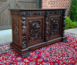 Antique French Server Sideboard Buffet Cabinet Oak DOGS Renaissance Revival 19C