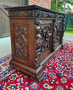 Antique French Server Sideboard Buffet Cabinet Oak DOGS Renaissance Revival 19C