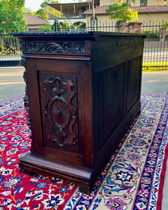 Antique French Server Sideboard Buffet Cabinet Oak DOGS Renaissance Revival 19C