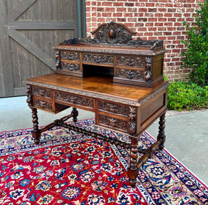 Antique French Desk Library Office Barley Twist Renaissance Revival Oak 19th C