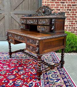 Antique French Desk Library Office Barley Twist Renaissance Revival Oak 19th C