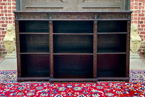 Antique English Bookcase Stepback Bookshelf Display Cabinet Oak 72" Wide c1920s