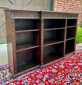 Antique English Bookcase Stepback Bookshelf Display Cabinet Oak 72" Wide c1920s