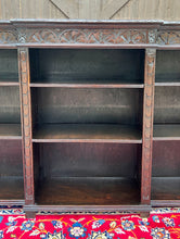 Load image into Gallery viewer, Antique English Bookcase Stepback Bookshelf Display Cabinet Oak 72&quot; Wide c1920s