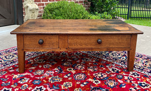 Antique English Coffee Table Farmhouse Rustic Oak Drawers Shaker Legs Mid-19th C