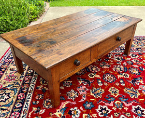 Antique English Coffee Table Farmhouse Rustic Oak Drawers Shaker Legs Mid-19th C