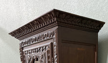 Load image into Gallery viewer, Antique French Breton Bookcase Armoire Linen Cab Wavy Glass Carved Chestnut 19th