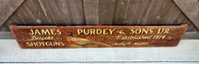 Load image into Gallery viewer, Vintage English Pub Sign Oak James Purdey &amp; Sons Shotguns Pheasant Lodge Bespoke