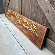 Load image into Gallery viewer, Vintage English Pub Sign Oak James Purdey &amp; Sons Shotguns Pheasant Lodge Bespoke