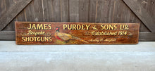 Load image into Gallery viewer, Vintage English Pub Sign Oak James Purdey &amp; Sons Shotguns Pheasant Lodge Bespoke