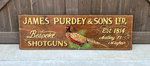 Load image into Gallery viewer, Vintage English Pub Sign Oak James Purdey &amp; Sons Shotguns Pheasant Lodge Bespoke