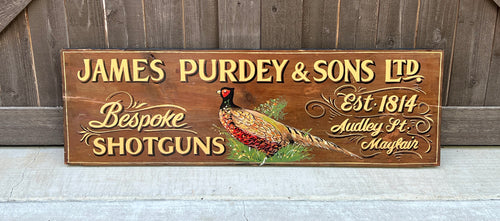 Vintage English Pub Sign Oak James Purdey & Sons Shotguns Pheasant Lodge Bespoke