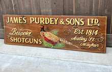 Load image into Gallery viewer, Vintage English Pub Sign Oak James Purdey &amp; Sons Shotguns Pheasant Lodge Bespoke