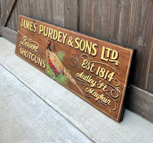 Load image into Gallery viewer, Vintage English Pub Sign Oak James Purdey &amp; Sons Shotguns Pheasant Lodge Bespoke