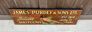 Vintage English Pub Sign Oak James Purdey & Sons Shotguns Pheasant Lodge Bespoke