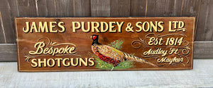 Vintage English Pub Sign Oak James Purdey & Sons Shotguns Pheasant Lodge Bespoke