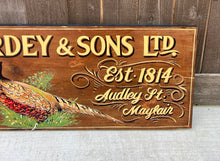 Load image into Gallery viewer, Vintage English Pub Sign Oak James Purdey &amp; Sons Shotguns Pheasant Lodge Bespoke