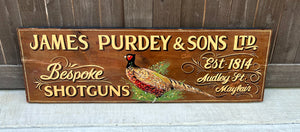 Vintage English Pub Sign Oak James Purdey & Sons Shotguns Pheasant Lodge Bespoke