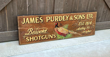 Load image into Gallery viewer, Vintage English Pub Sign Oak James Purdey &amp; Sons Shotguns Pheasant Lodge Bespoke