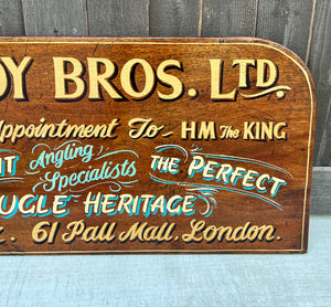 Vintage English Pub Sign Oak Hardy Bros LTD. Angling Specialists London Fly Reel