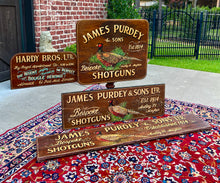 Load image into Gallery viewer, Vintage English Pub Sign Oak James Purdey &amp; Sons Shotguns Pheasant Lodge Bespoke