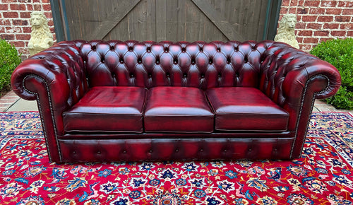 Vintage English Chesterfield Sofa Leather Tufted 3-Seat Sofa Oxblood Red