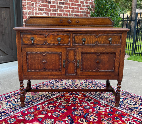 Antique English Sideboard Server Buffet Barley Twist Jacobean Honey Oak c.1930s