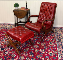 Load image into Gallery viewer, Vintage English Chesterfield Style Tufted Campeche Chair Ottoman Red Leather